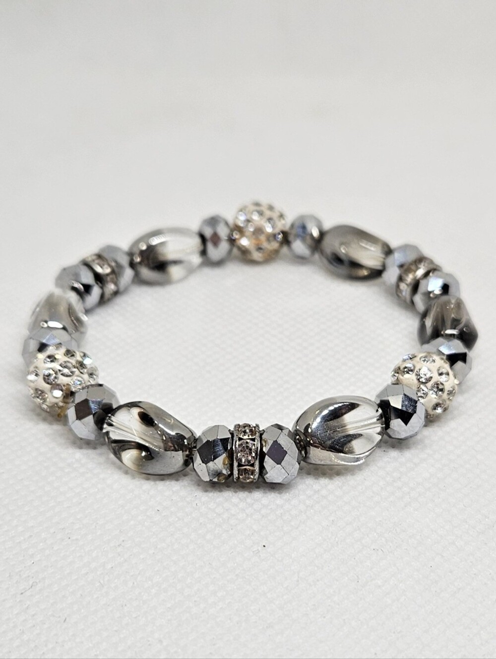 Silver Tone Rhinestone Crystal Beaded Stretch Bracelet Glam Statement